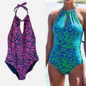 Boden Liguria High Neck One Piece Swimsuit Blue Pink Floral US Size 14